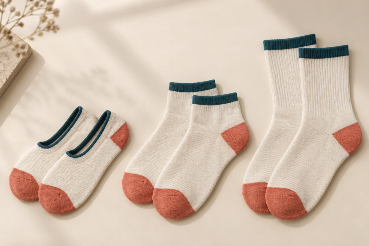 Illustrative comparison of no-show, ankle and crew sock lengths in cream, teal and coral