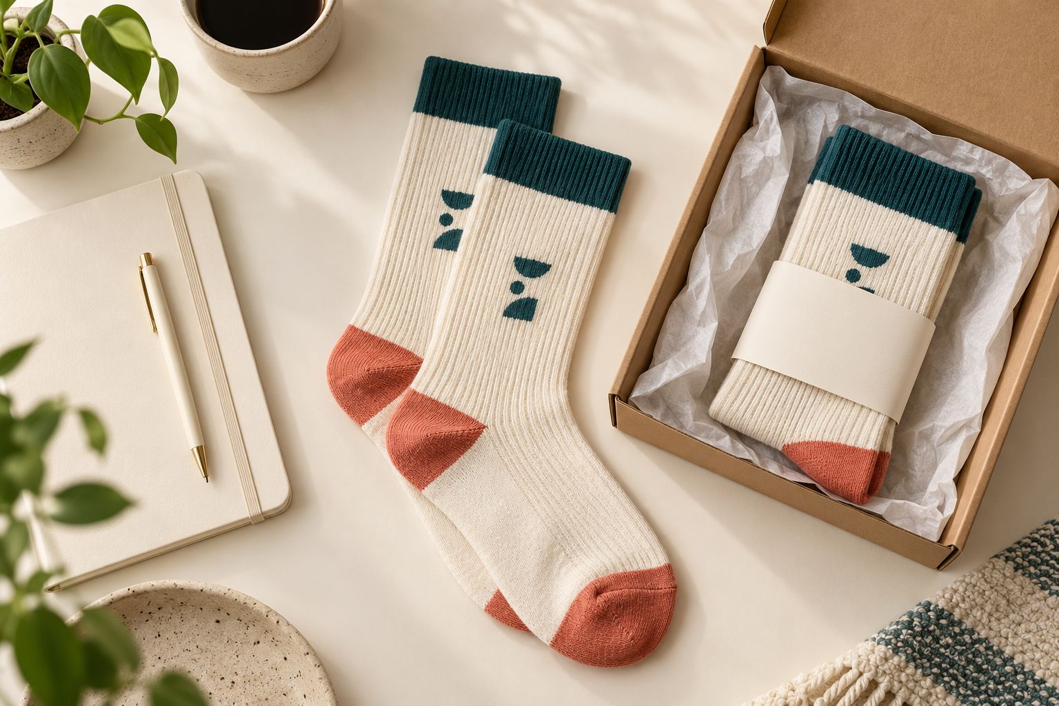 Illustrative employee welcome kit with cream and teal knitted socks, a notebook and a kraft gift box
