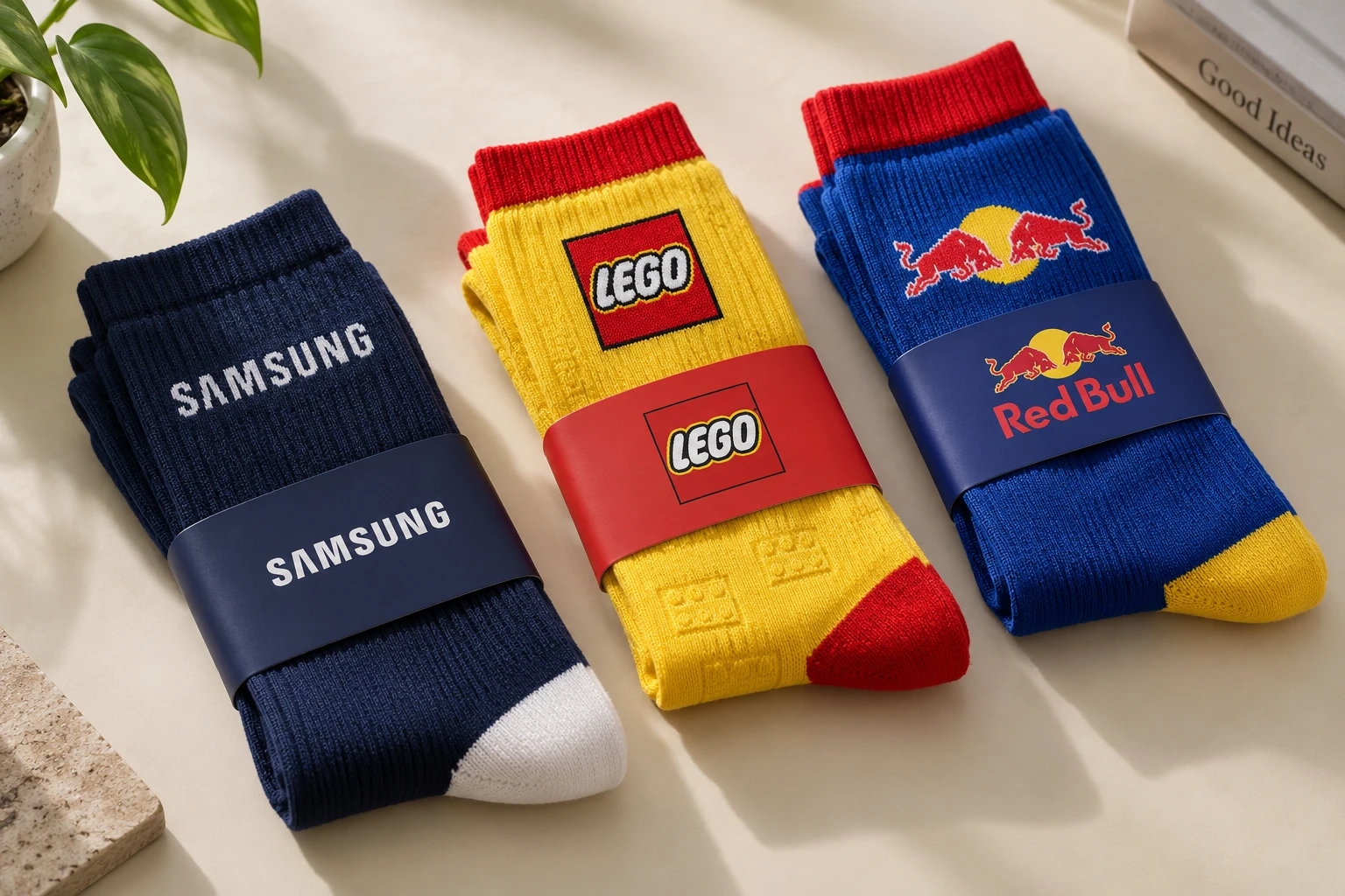 Samsung, LEGO and Red Bull branded sock design concepts with custom paper wrap bands