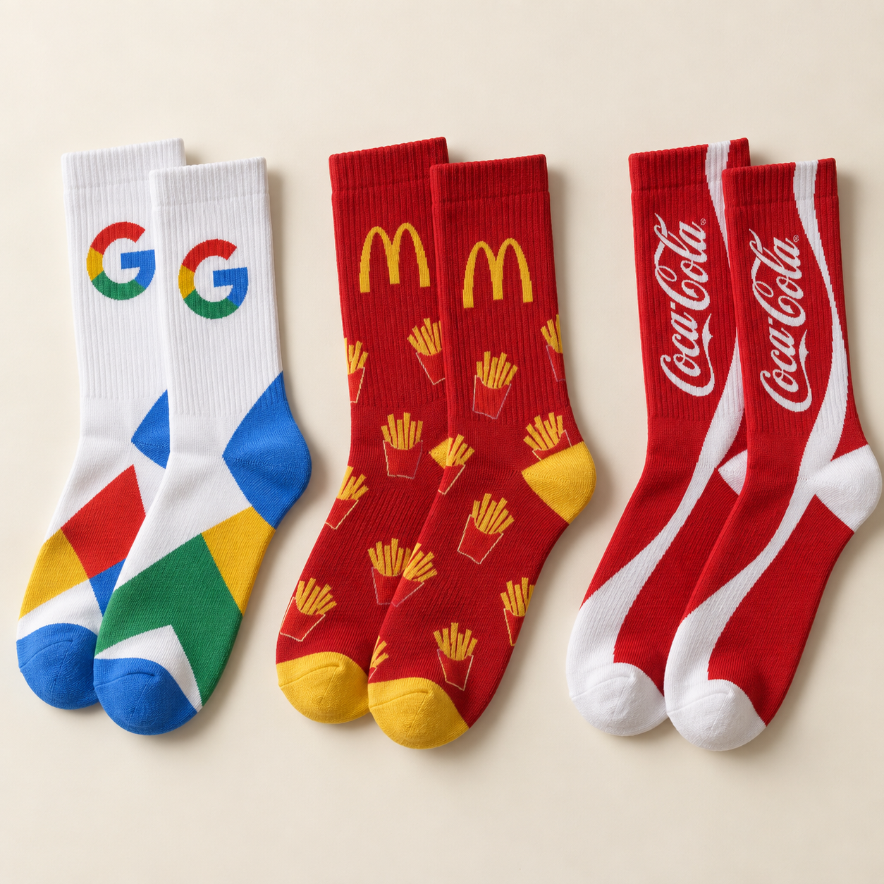Google, McDonald's and Coca-Cola inspired custom sock design concepts