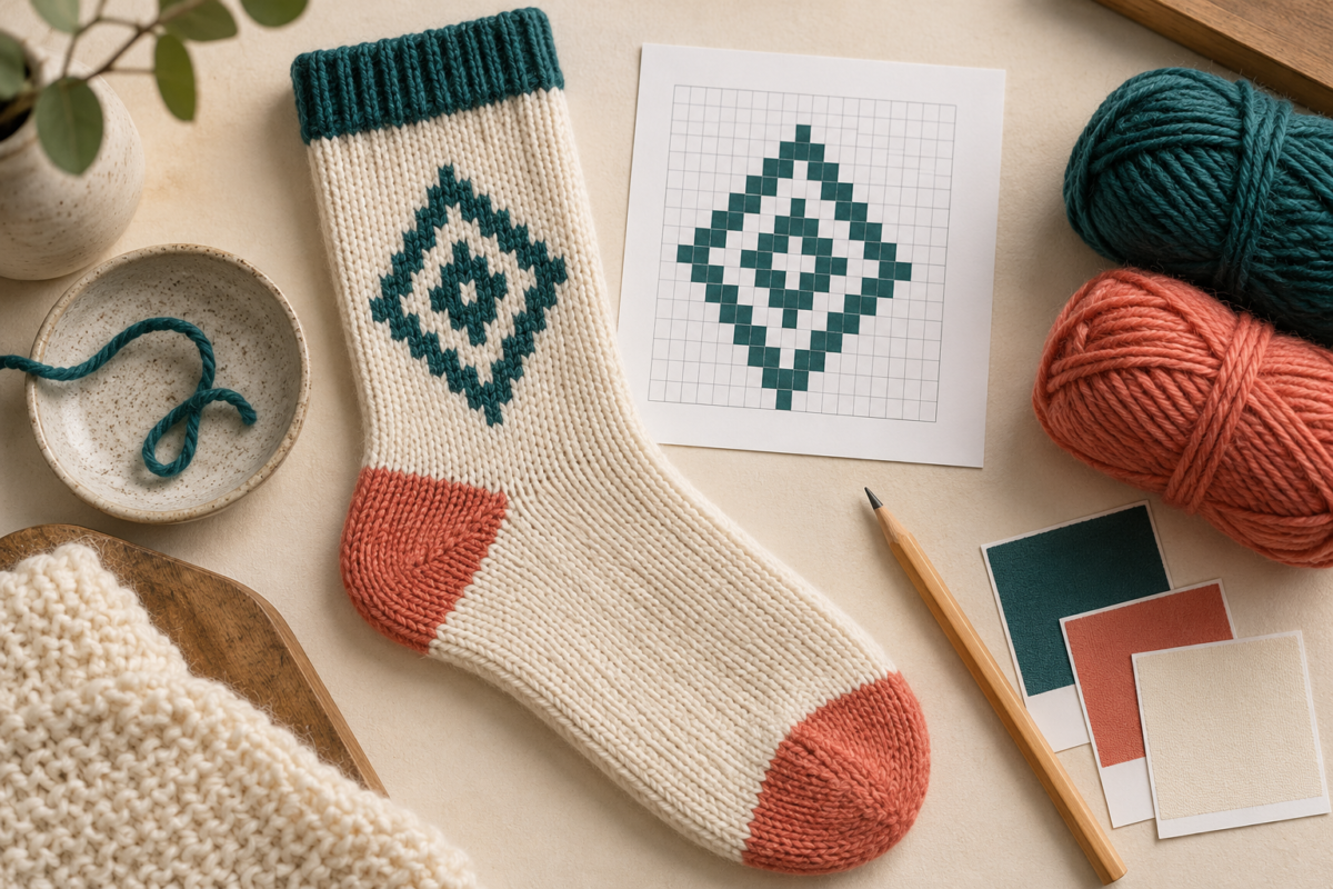 Illustrative knitted sock with a geometric emblem beside matching grid artwork and yarn colour swatches