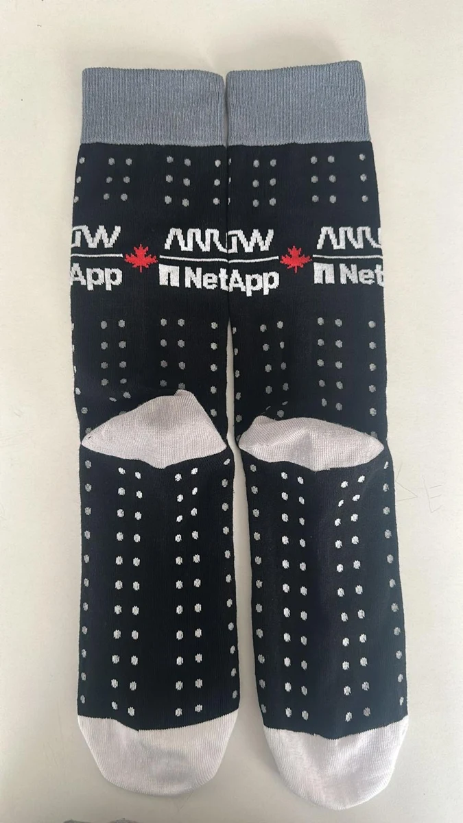 Arrow / NetApp branded knitted socks — original SocksPrime production sample photograph