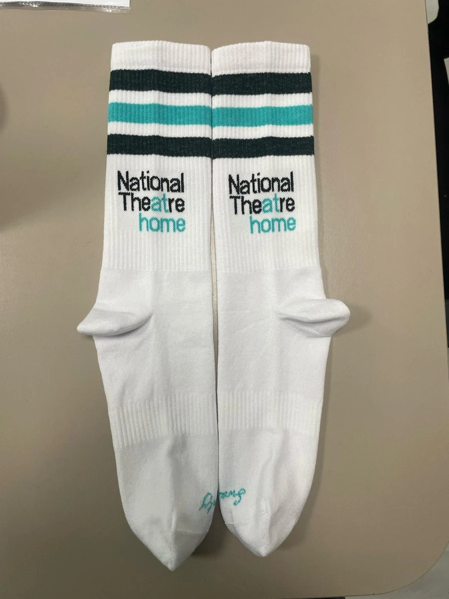 National Theatre branded knitted socks — original SocksPrime production sample photograph
