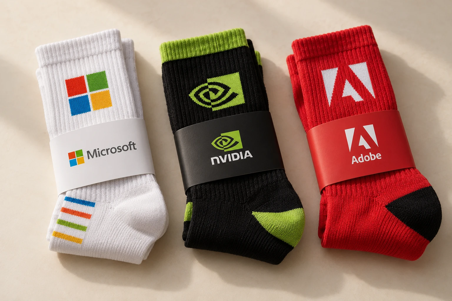 Microsoft, NVIDIA and Adobe branded sock design concepts with custom paper wrap bands